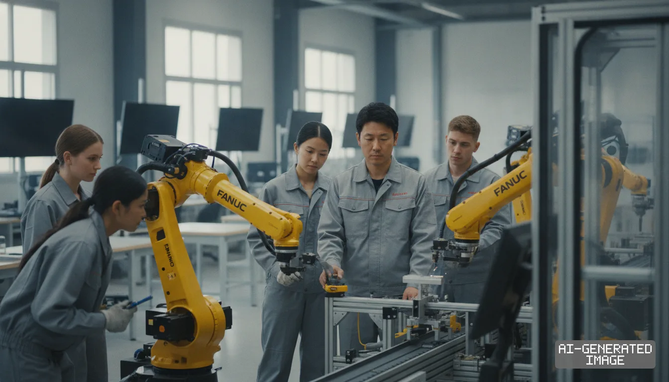 Trainees in gray uniforms examine and operate yellow FANUC robotic arms along an automated line inside a training facility. (AI-generated image)