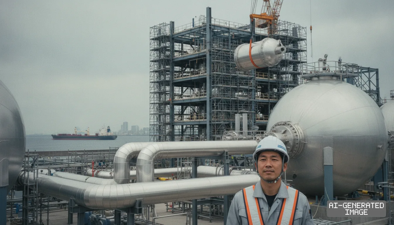 A worker stands before spherical tanks and piping at a coastal construction site for a hydrogen liquefaction plant in Japan. (AI-generated image)