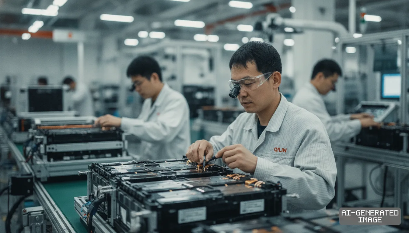 Workers assemble Qilin battery packs along a production line inside a battery manufacturing facility. (AI-generated image)
