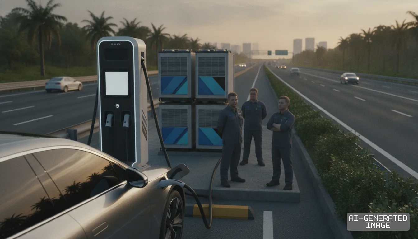 Technicians stand beside an electric vehicle charging station and battery storage units positioned along a multi-lane highway. (AI-generated image)