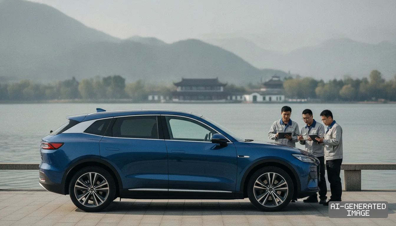 Technicians examine data on tablets beside a blue electric SUV parked along a lakeside during endurance testing. (AI-generated image)