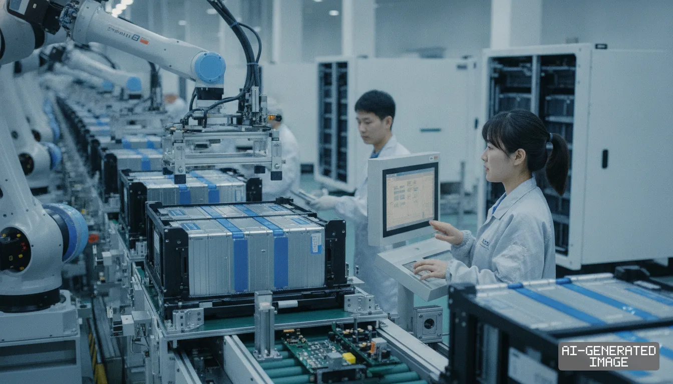 Technicians oversee robotic arms assembling battery packs along an automated production line inside a factory. (AI-generated image)