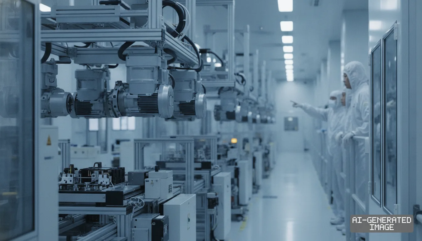 Workers in protective cleanroom suits observe overhead motors and automated machinery inside a high-tech manufacturing cleanroom. (AI-generated image)