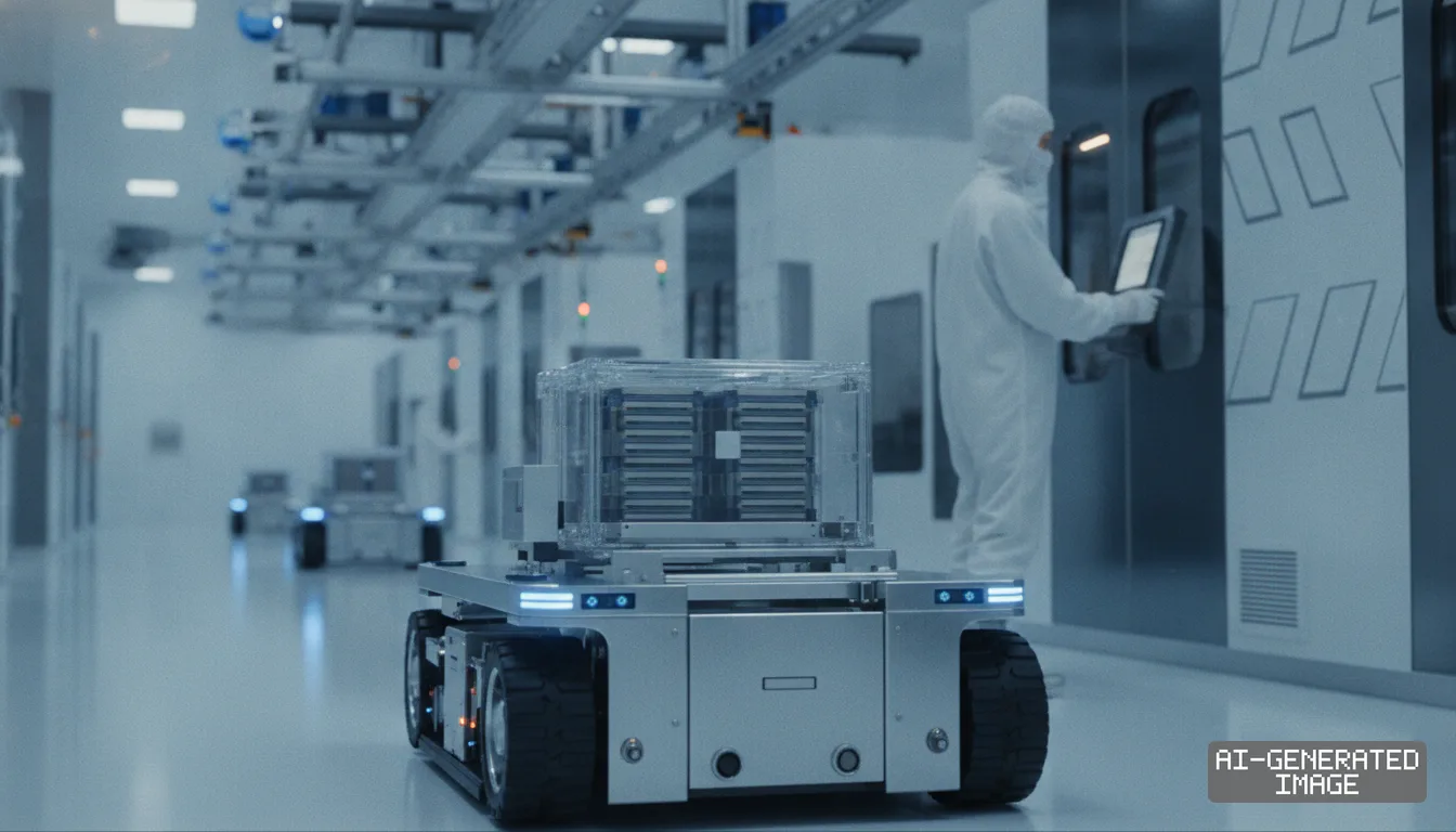 An automated guided vehicle transports materials through a semiconductor cleanroom as a worker in protective gear operates a console. (AI-generated image)