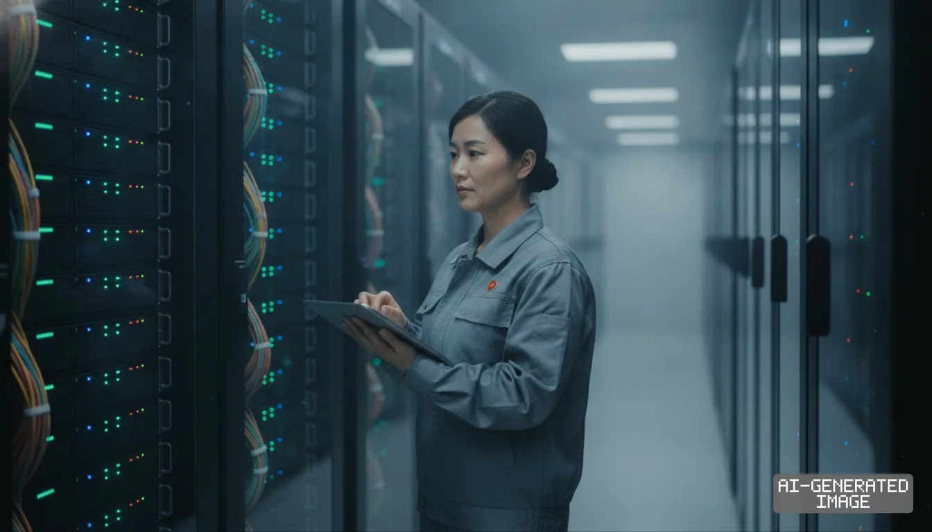 A worker uses a tablet to monitor server racks in a data facility that supports artificial intelligence and cloud computing networks. (AI-generated image)