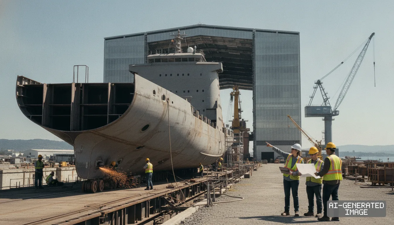 Engineers review blueprints while workers construct a large vessel hull at an active shipyard facility. (AI-generated image)
