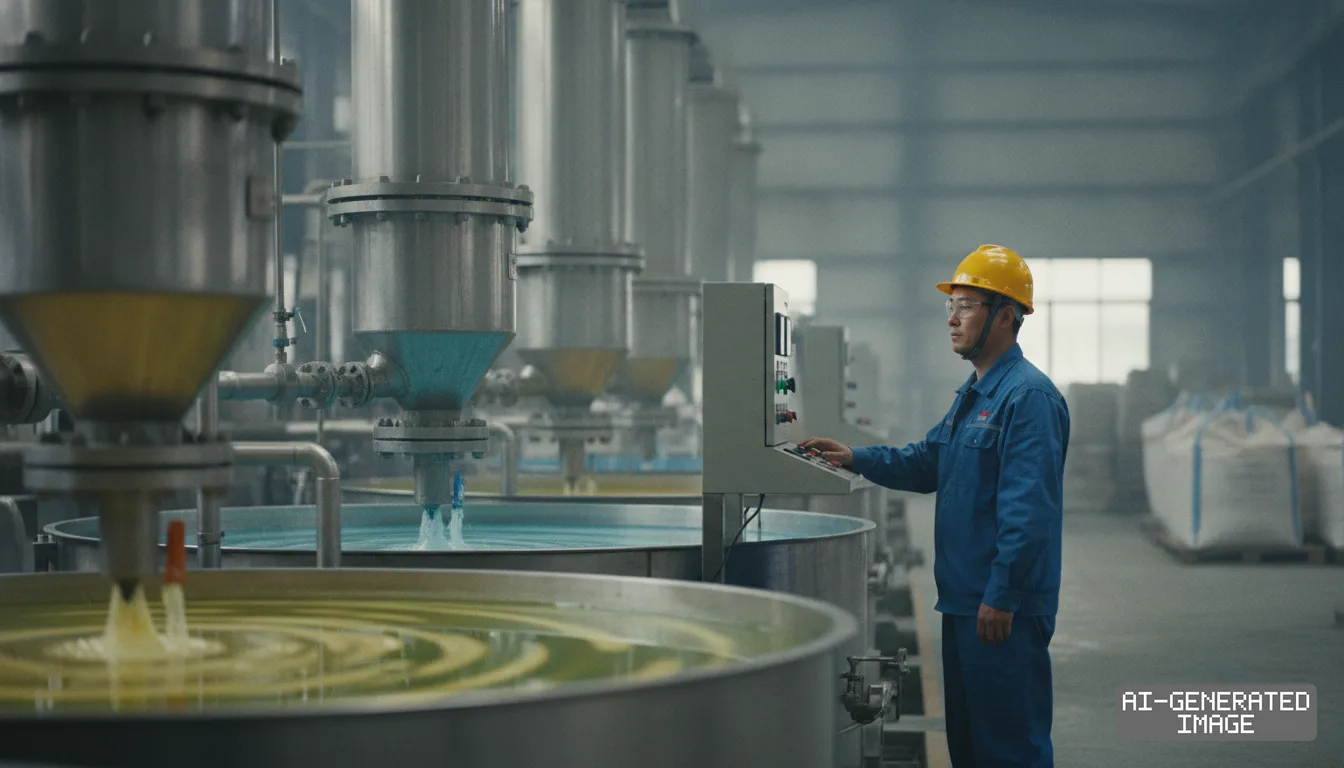 A worker operates a control panel beside liquid separation vats inside a rare earth processing plant. (AI-generated image)