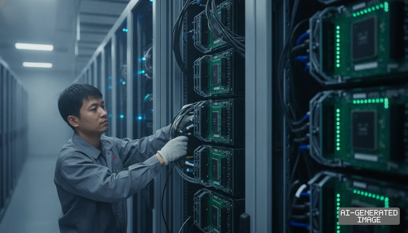 A technician wearing gloves checks cabling connected to hardware installed in a server rack inside a data center. (AI-generated image)