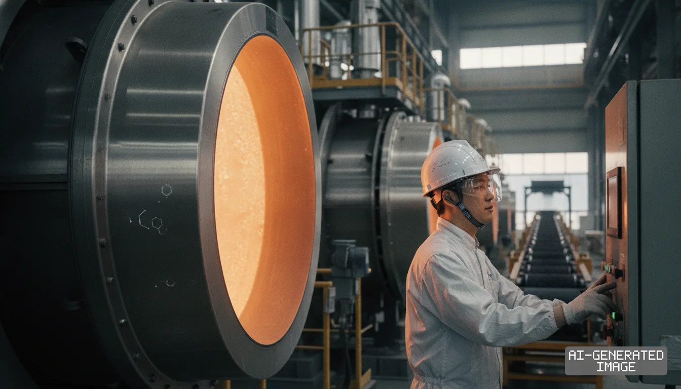 A technician operates a control panel beside a glowing furnace at a South Korean battery cathode material production plant. (AI-generated image)