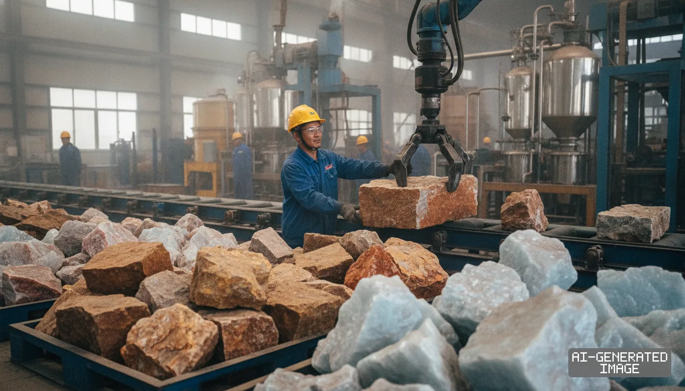 A worker in a hard hat guides a mechanical claw lifting a large rock inside an industrial rare earth processing plant. (AI-generated image)