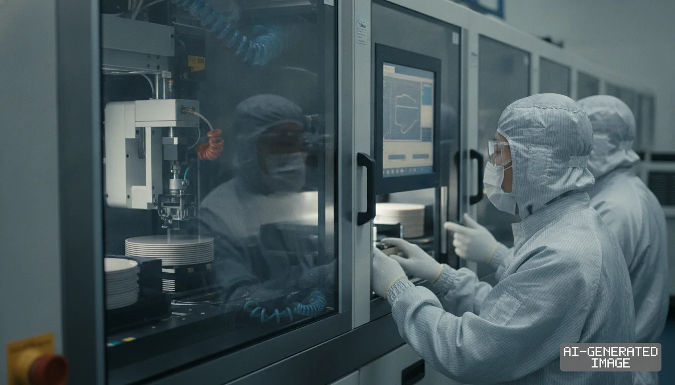 Workers in protective cleanroom suits operate automated manufacturing machinery to process silicon wafers in a semiconductor fabrication plant. (AI-generated image)