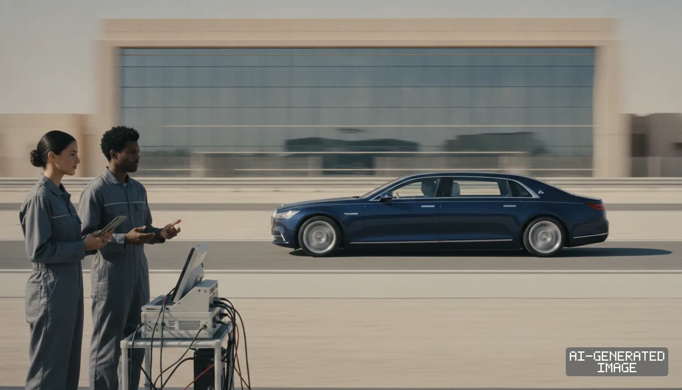 Technicians monitor testing equipment as a blue Yangwang electric limousine drives past during road trials. (AI-generated image)