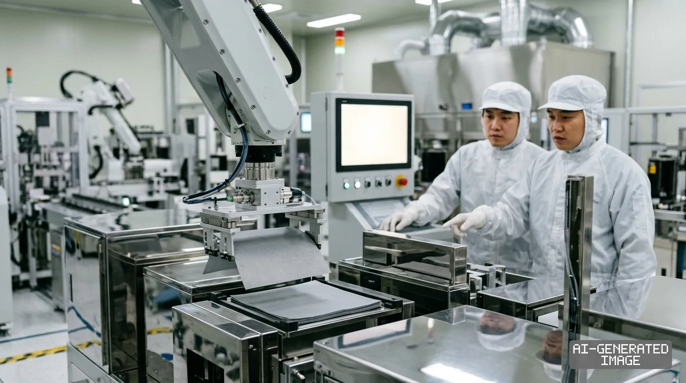 Workers in cleanroom suits monitor a robotic arm handling battery components on an automated pilot production line. (AI-generated image)
