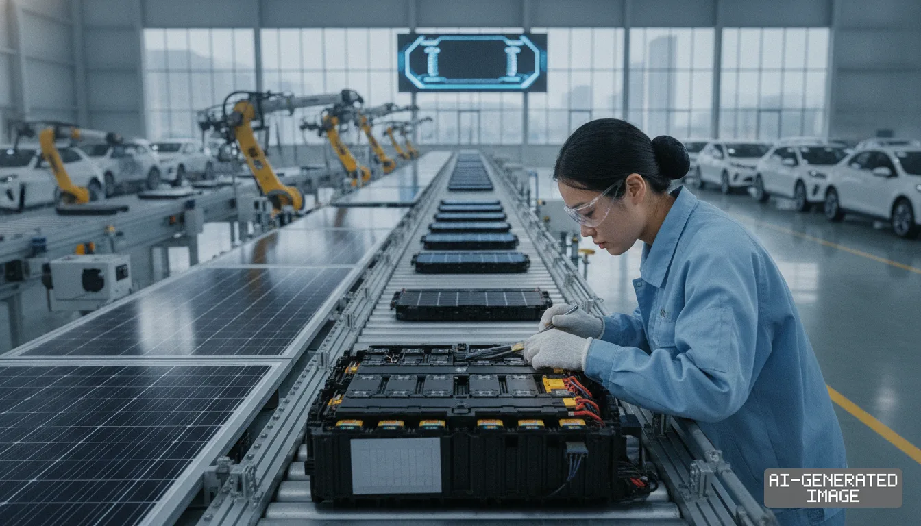 A worker inspects an electric vehicle battery pack on an assembly conveyor beside solar panels in an automotive factory. (AI-generated image)