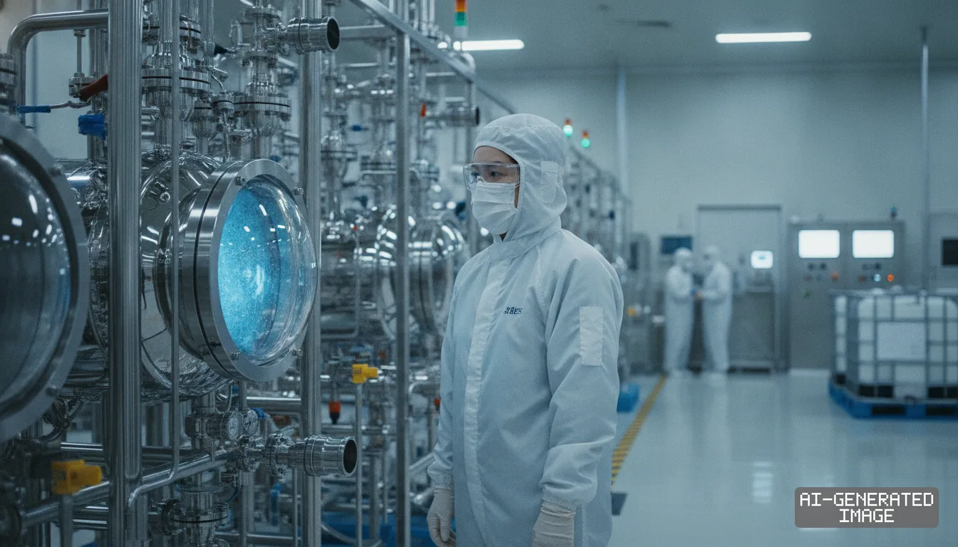 A worker in protective cleanroom gear stands beside chemical processing equipment at the molybdenum precursor facility in Eumseong, South Korea. (AI-generated image)