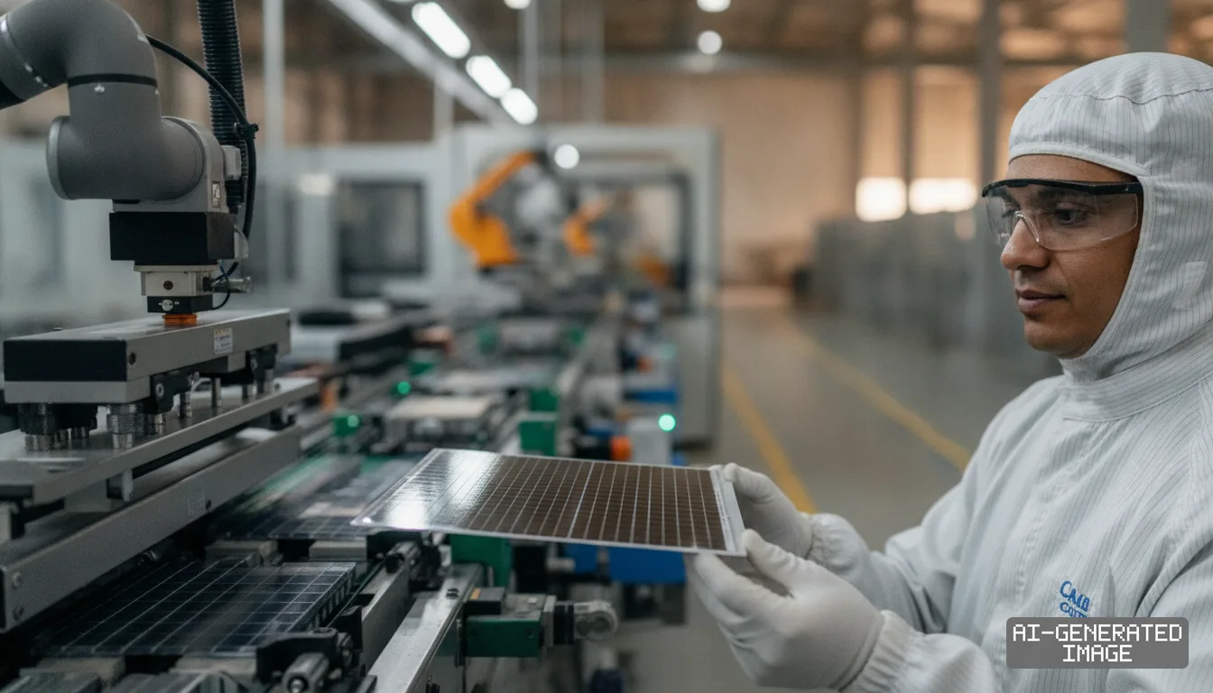 A technician in protective gear inspects a solar cell along an automated assembly line at a photovoltaic manufacturing plant. (AI-generated image)