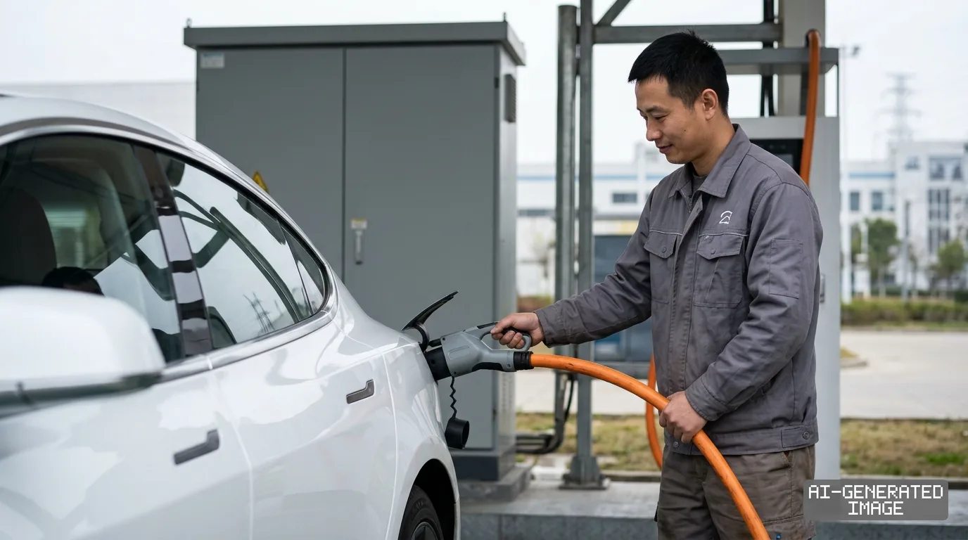 A worker in uniform plugs a charging cable into a white electric vehicle at a charging facility in China. (AI-generated image)