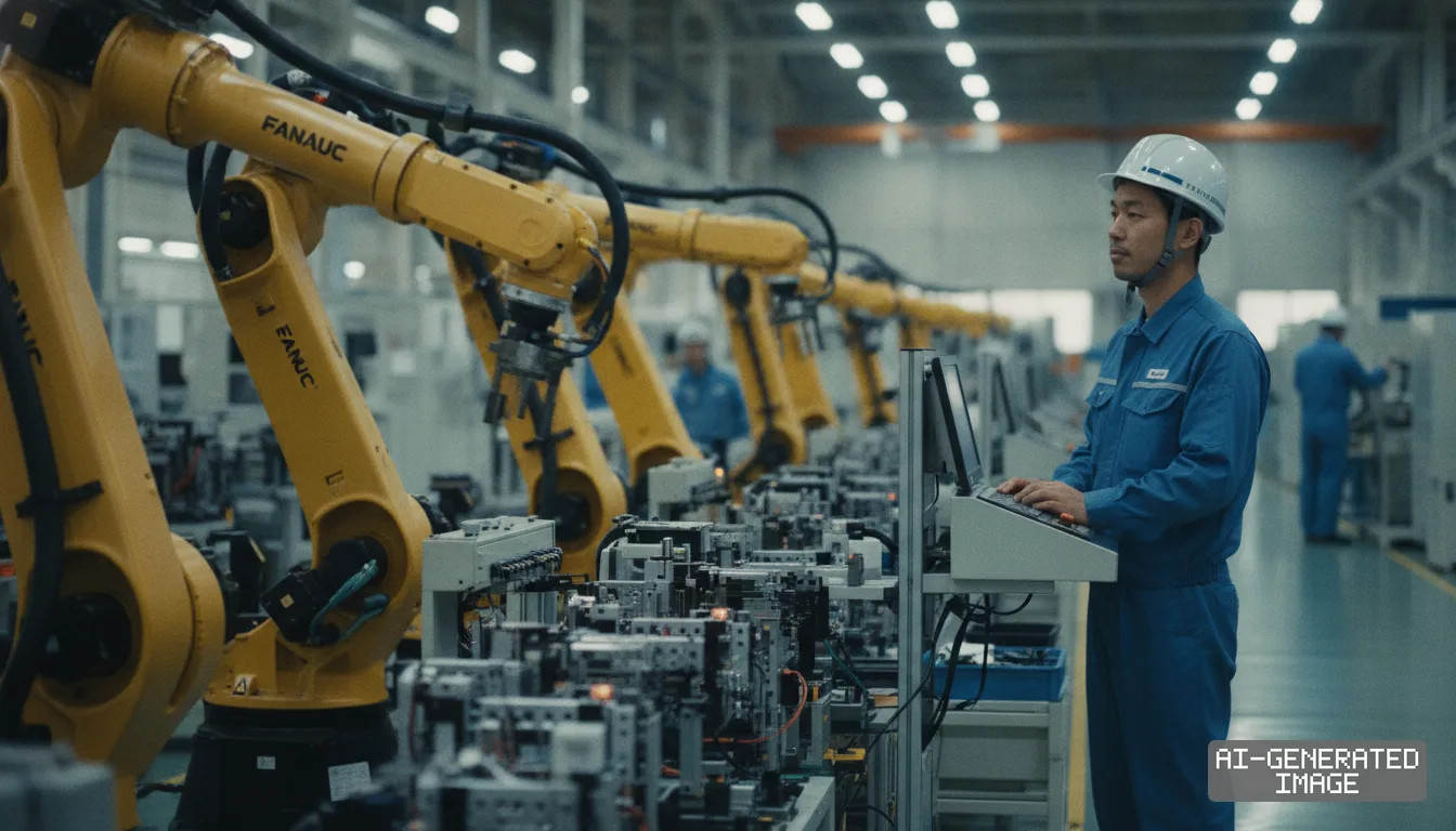 A technician operates a console along an automated assembly line equipped with yellow Fanuc industrial robots inside a factory. (AI-generated image)