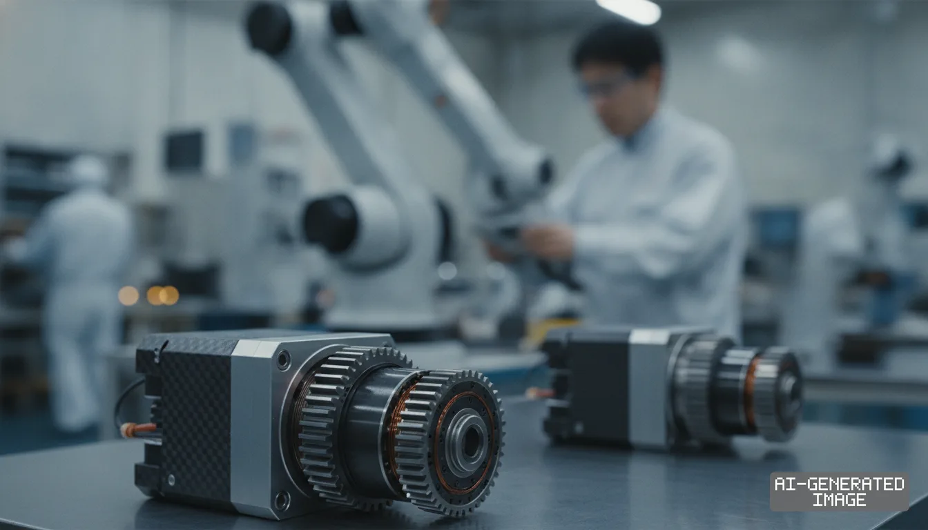 Robot joint actuator units sit on a workbench as a technician works near an articulated robotic arm inside a manufacturing plant. (AI-generated image)