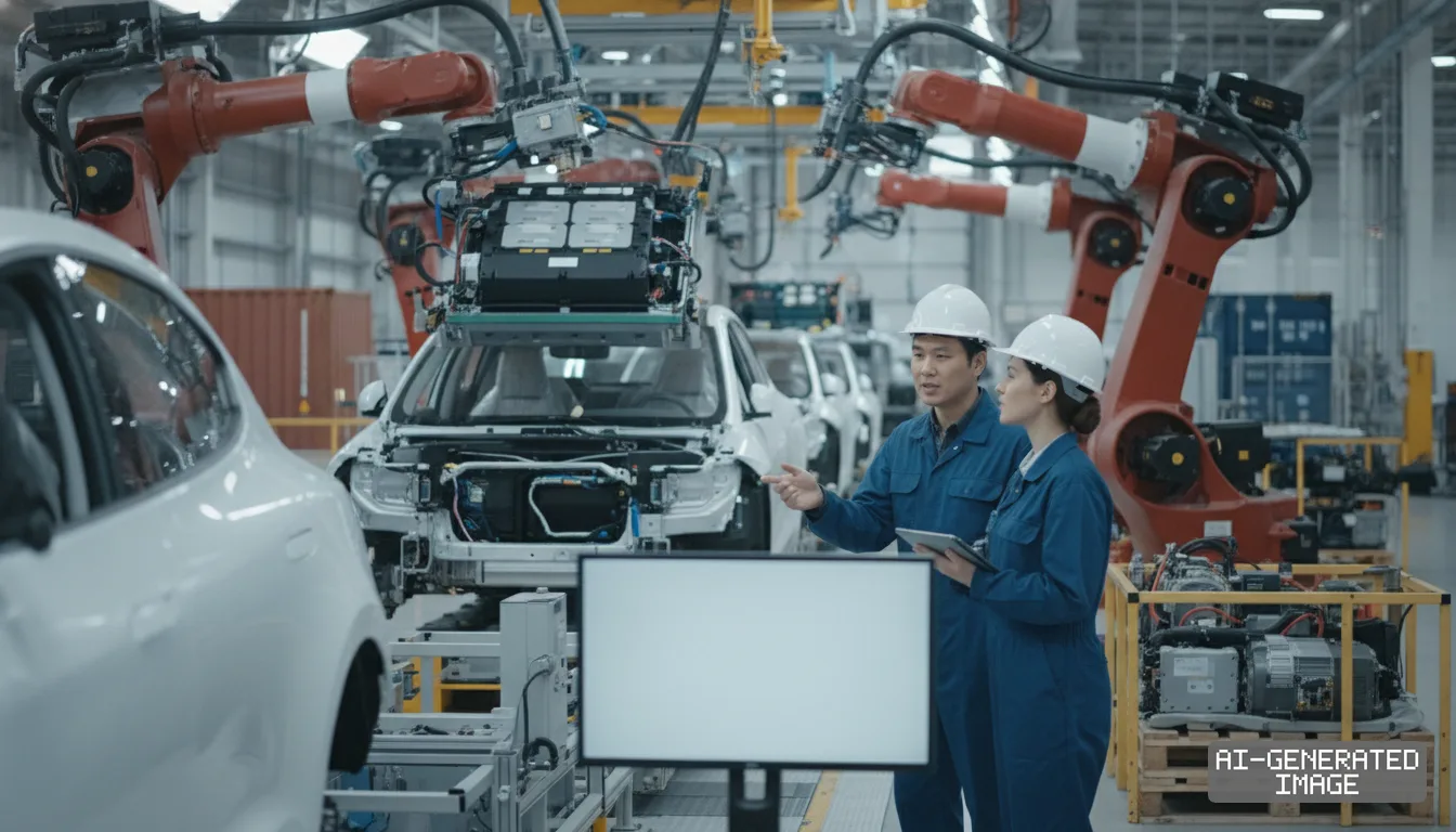 Two engineers inspect an automated assembly line as robotic arms install components into electric vehicles. (AI-generated image)