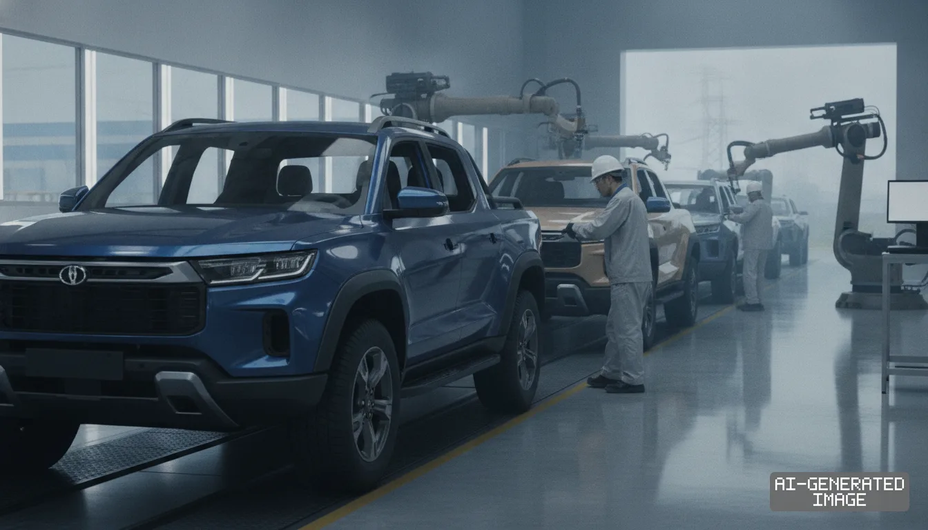 Workers inspect newly built pickup trucks alongside robotic arms on an automotive factory assembly line. (AI-generated image)