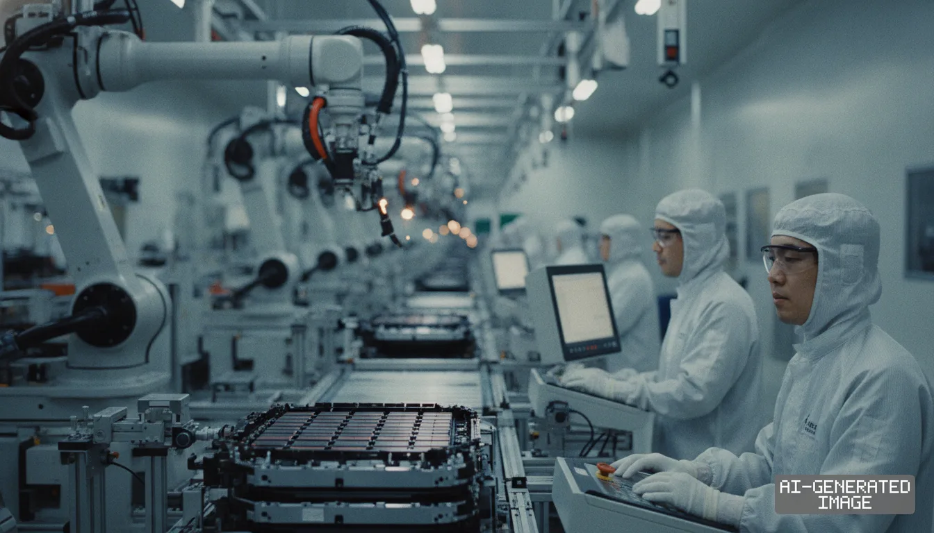 Technicians in cleanroom suits monitor an automated battery assembly line equipped with robotic arms inside a manufacturing plant. (AI-generated image)