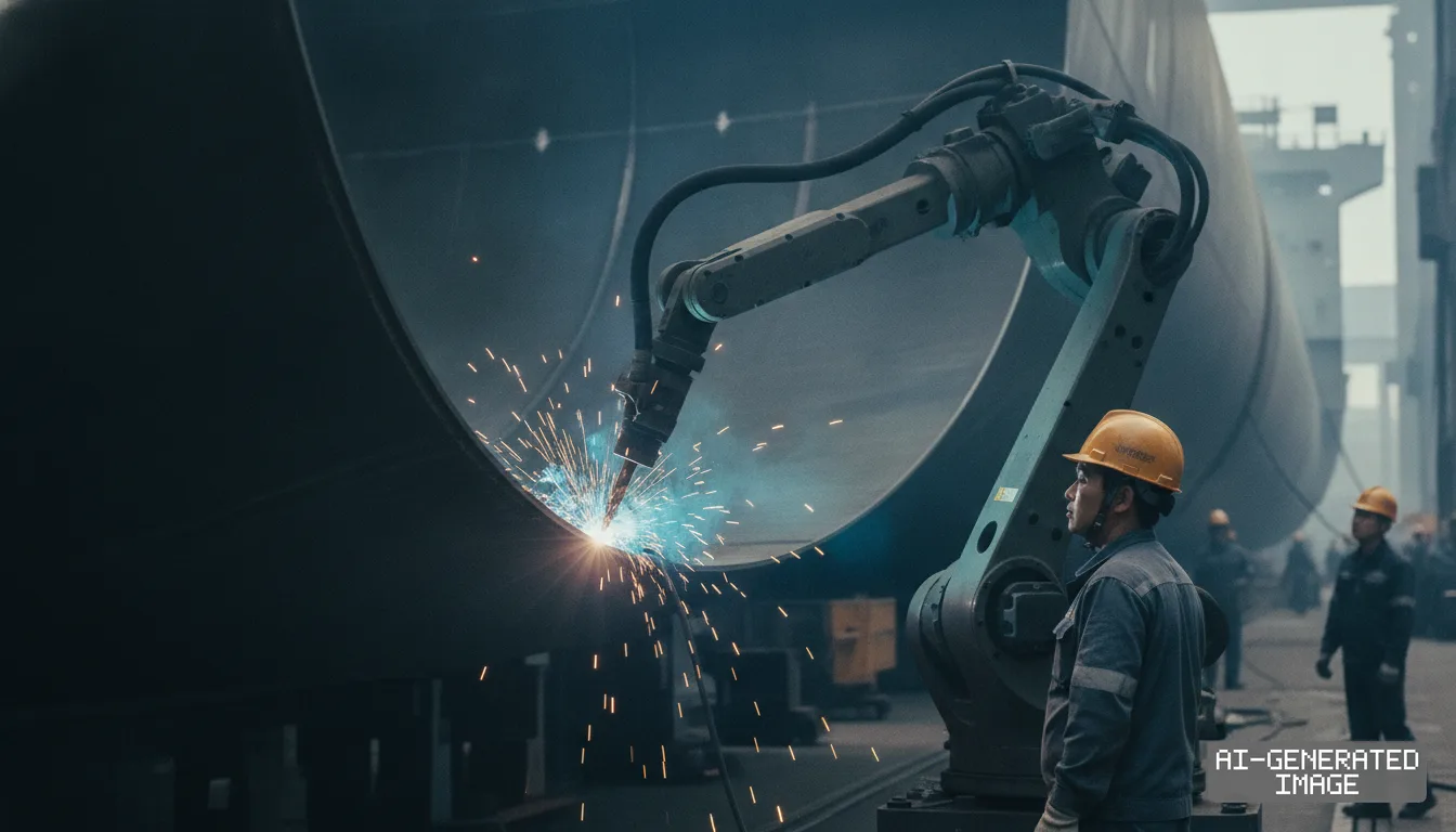 A shipyard worker observes an industrial robotic arm welding a large curved steel structure in a fabrication facility. (AI-generated image)