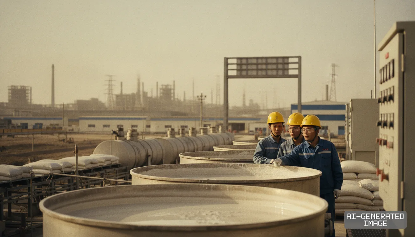 Workers in yellow hard hats monitor separation vats at a rare earth processing facility in northern China. (AI-generated image)