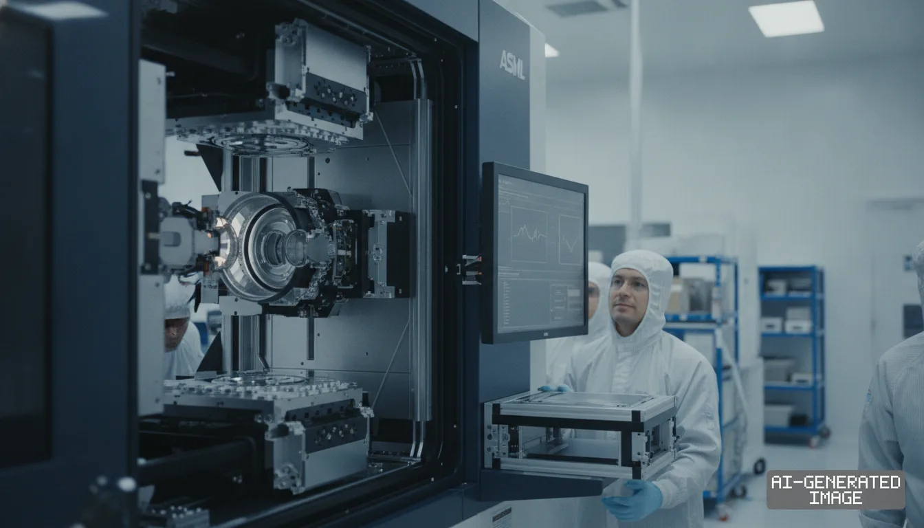 Technicians wearing cleanroom suits work on an open ASML lithography machine inside a semiconductor facility. (AI-generated image)
