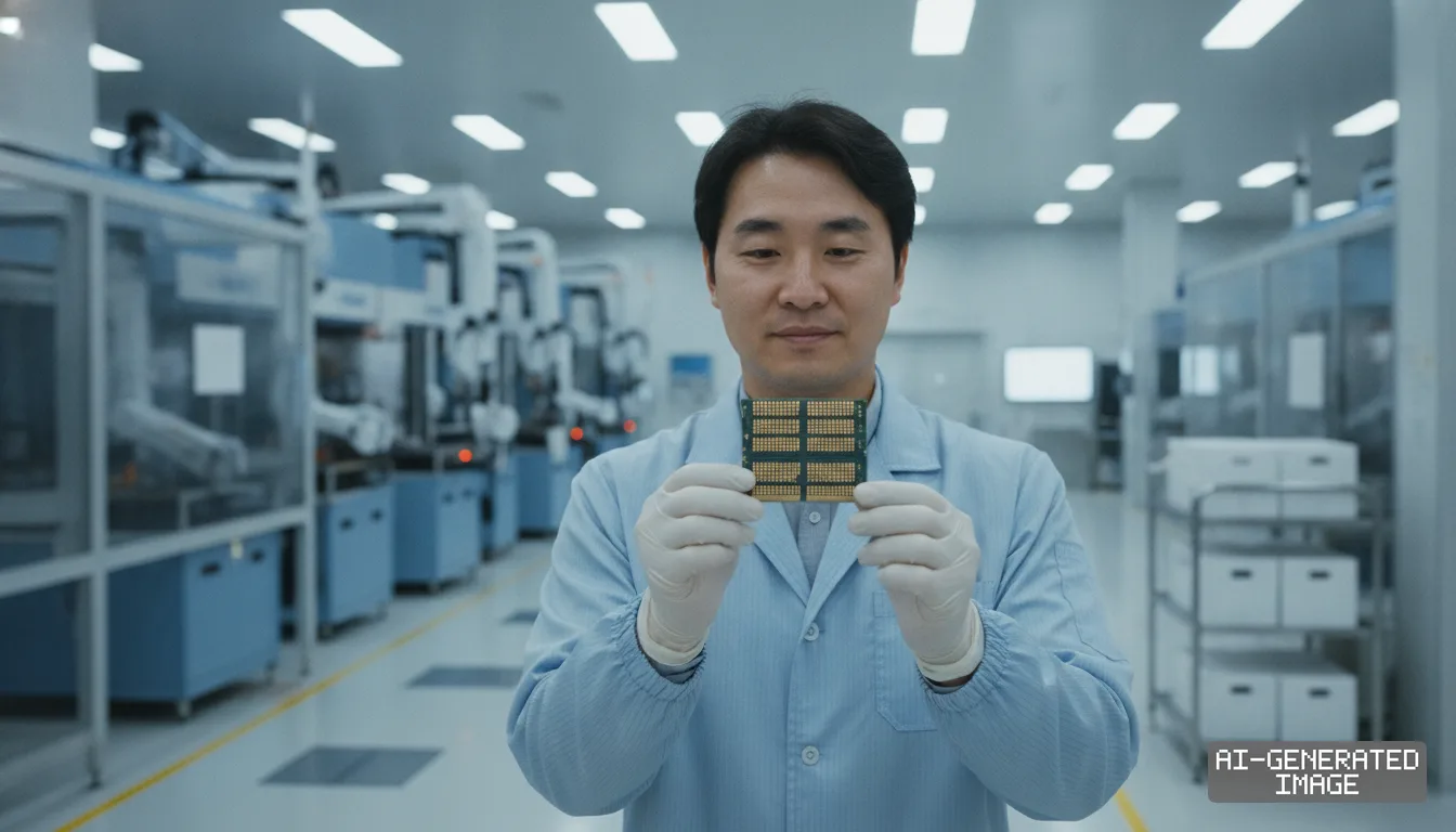 A worker wearing protective gloves displays a semiconductor substrate inside a memory chip manufacturing facility. (AI-generated image)