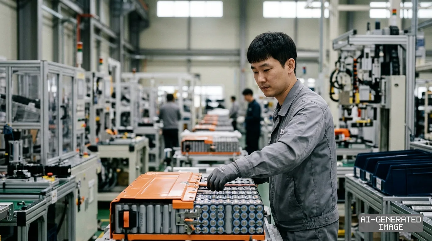 A factory worker inspects an electric vehicle battery pack along an assembly line inside a manufacturing plant. (AI-generated image)