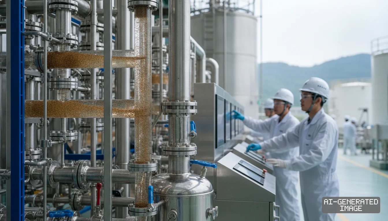 Technicians operate control panels alongside processing equipment as Taiwan moves to establish domestic rare earth refining facilities. (AI-generated image)
