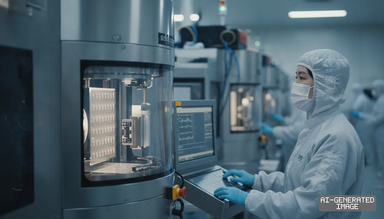 A technician wearing protective cleanroom gear operates computerized semiconductor manufacturing equipment. (AI-generated image)