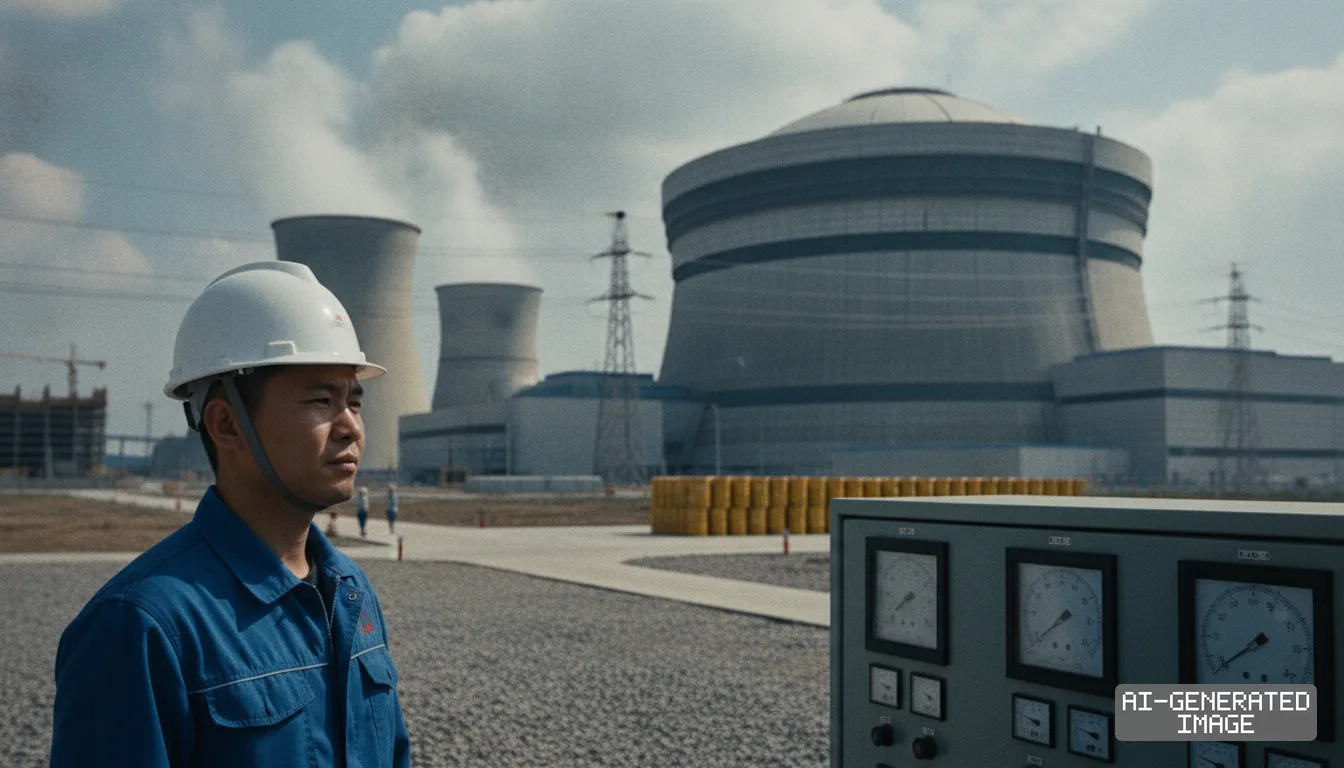A worker in a hard hat stands beside a control panel at a nuclear power facility featuring cooling towers and a large reactor dome. (AI-generated image)