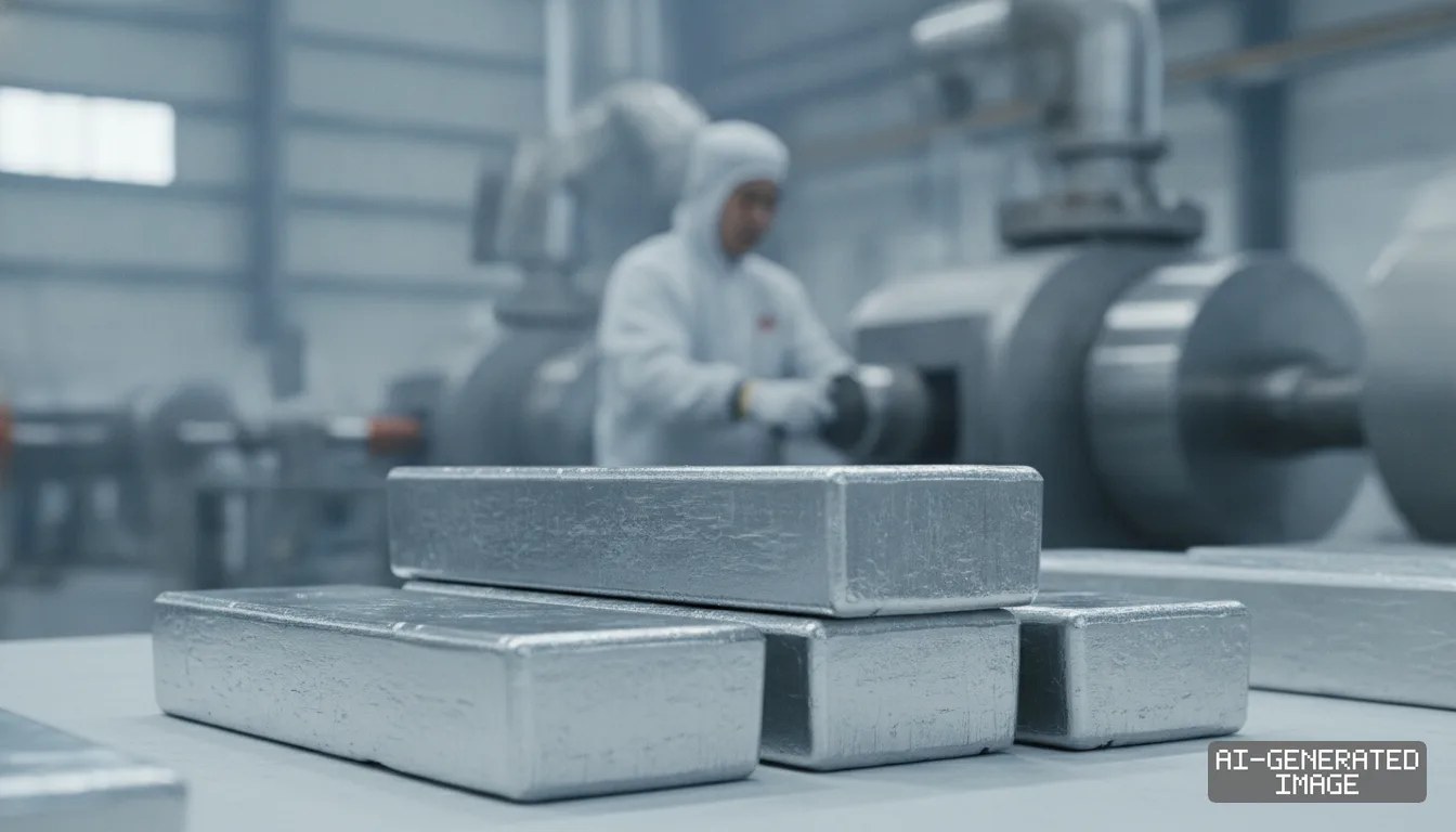 Germanium ingots sit in the foreground as a worker in protective clothing operates machinery inside a processing facility. (AI-generated image)