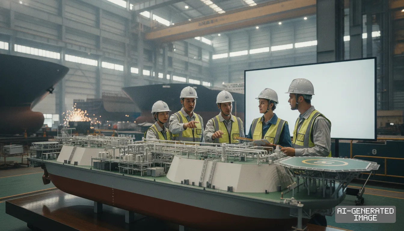 Engineers in hard hats gather around a detailed model of a floating liquefied natural gas platform inside a large shipbuilding facility. (AI-generated image)
