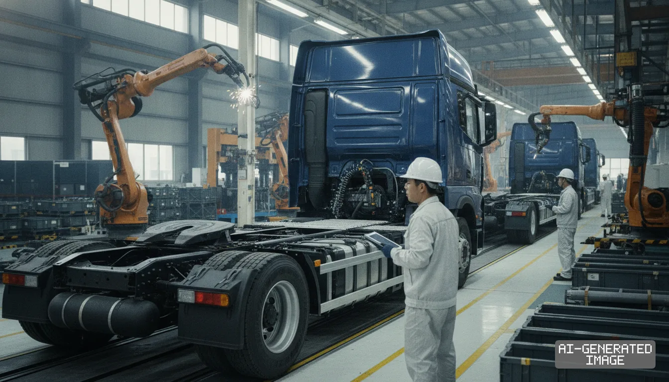 Workers oversee robotic arms welding heavy-duty trucks along an assembly line at BYD's manufacturing facility. (AI-generated image)