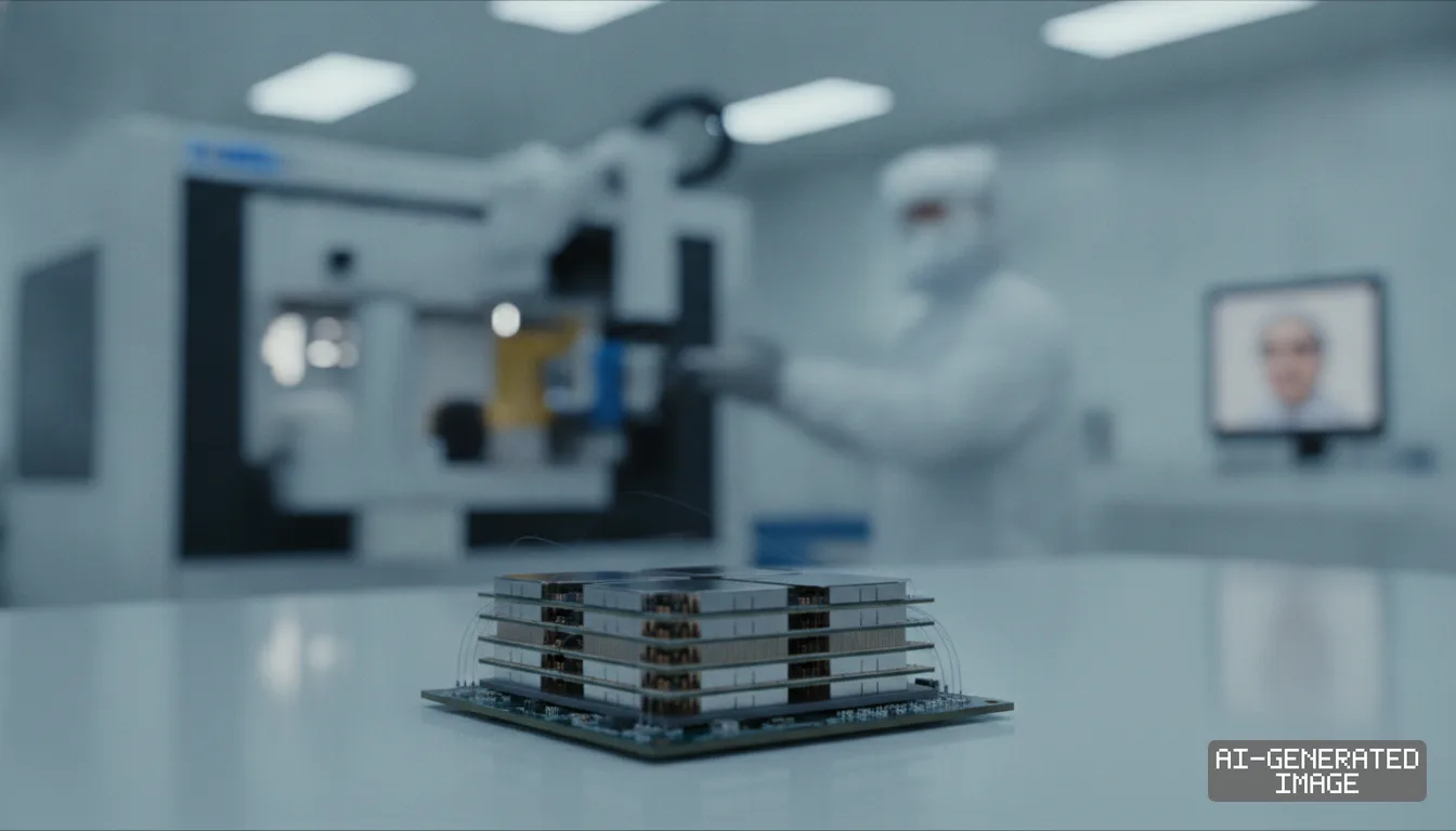 A stacked semiconductor chip package rests on a cleanroom table with a technician working near equipment in the background. (AI-generated image)