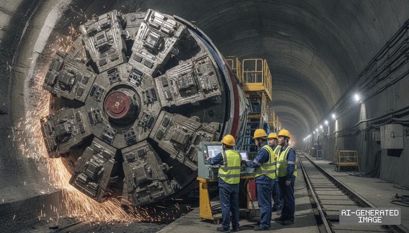 Workers in hard hats stand by a control panel as a massive tunnel-boring machine operates inside an underground tunnel. (AI-generated image)