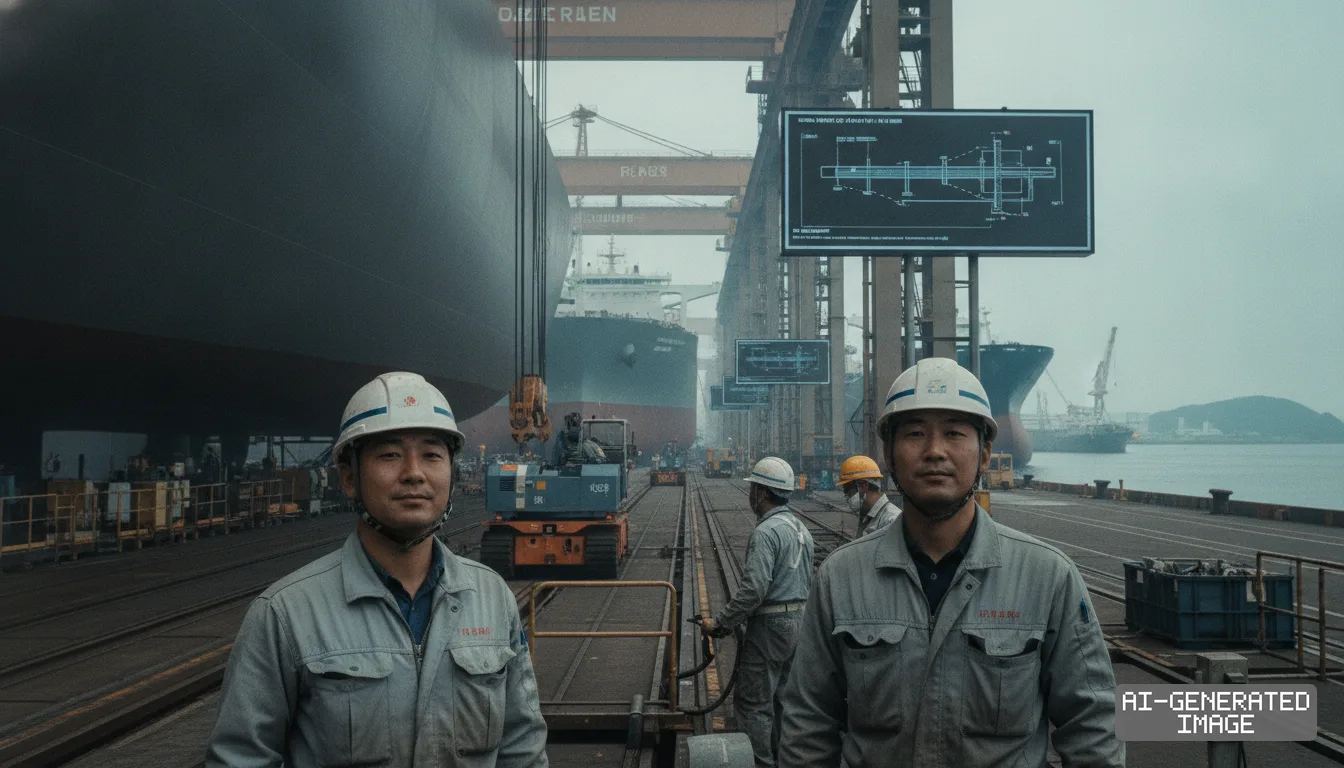 Shipyard workers stand before large vessels and cranes as Japan expands its domestic shipbuilding capacity. (AI-generated image)
