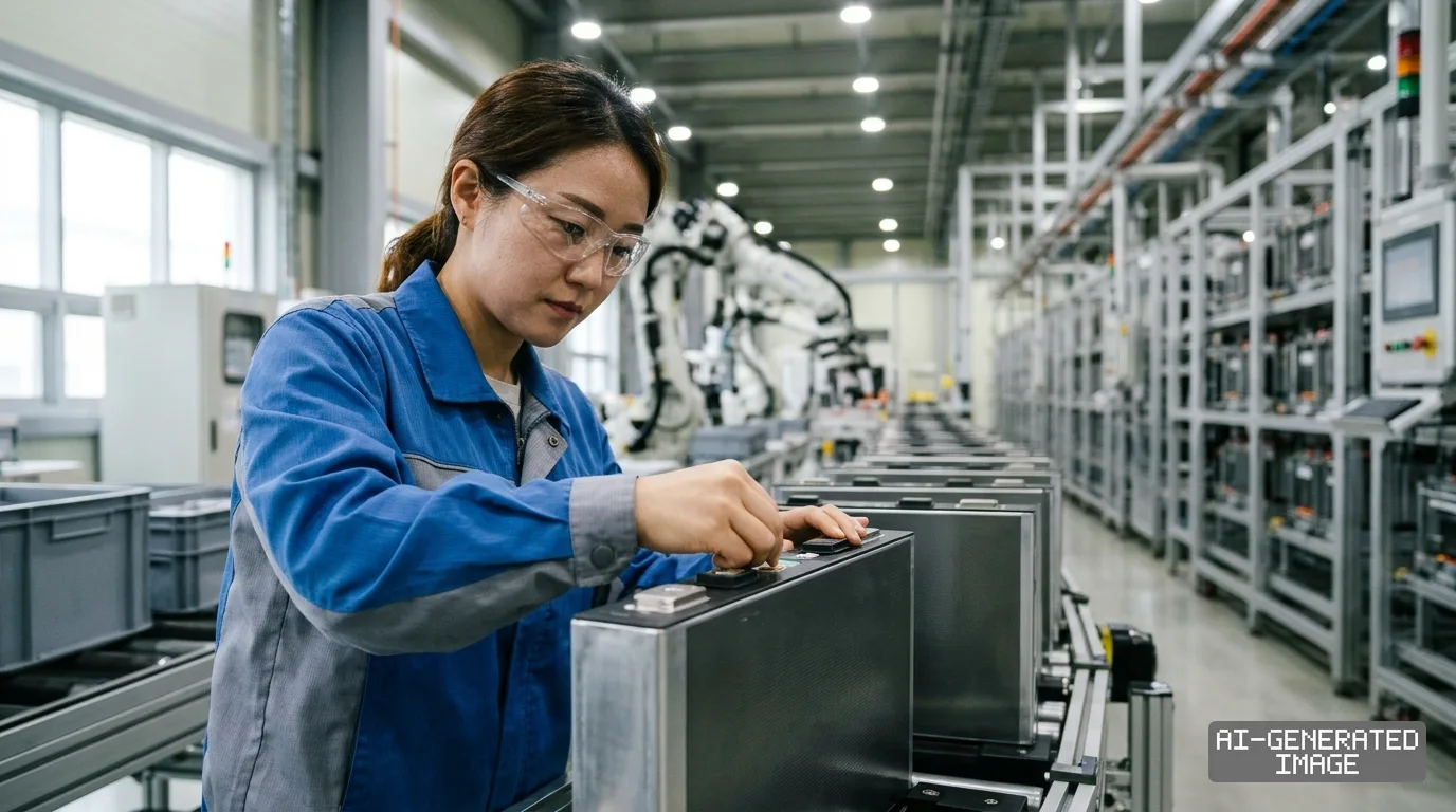 A worker inspects prismatic battery cells on an automated assembly line at a Samsung SDI manufacturing facility. (AI-generated image)