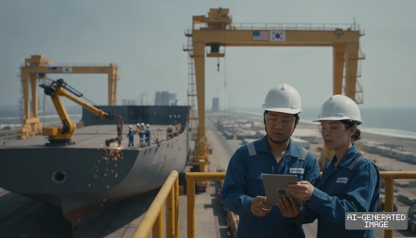 Two shipyard workers look at a tablet overlooking a ship under construction beneath cranes displaying U.S. and South Korean flags. (AI-generated image)