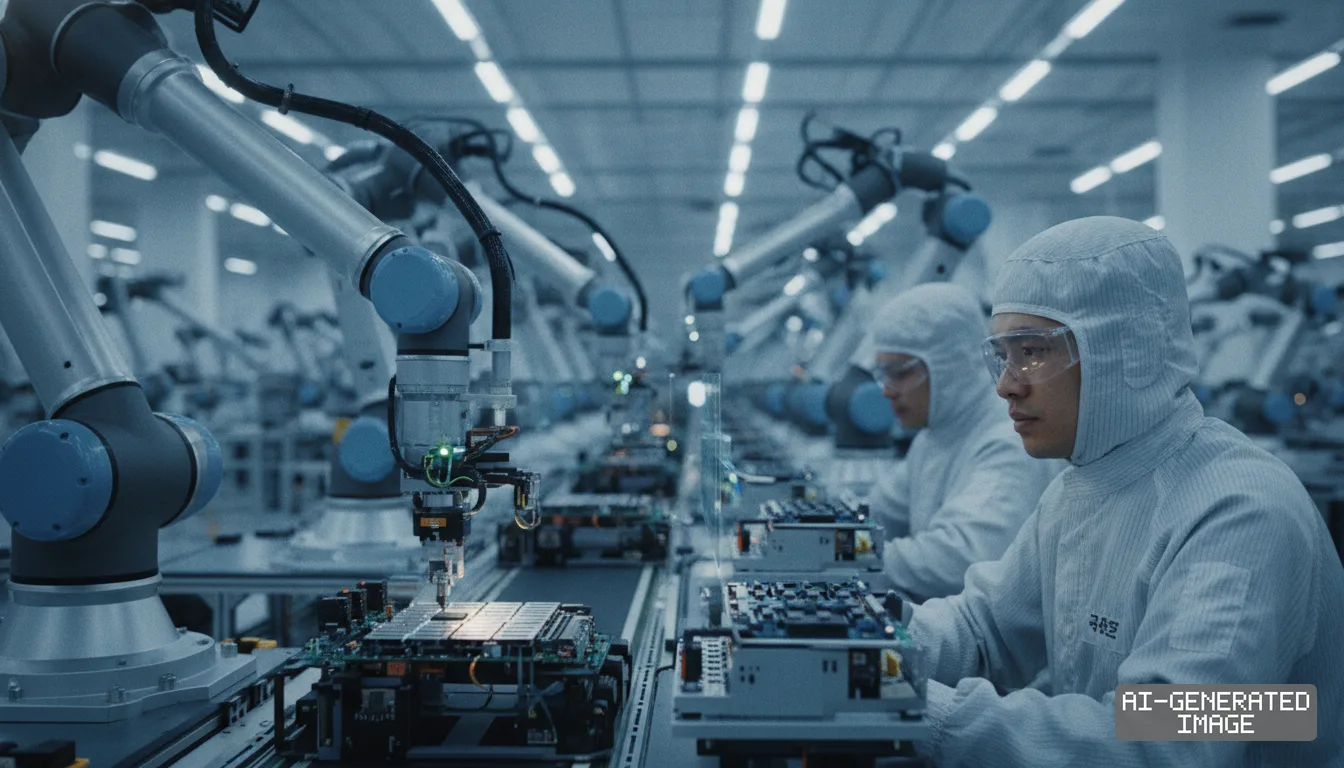 Technicians in cleanroom suits work alongside industrial robotic arms assembling circuit boards in a factory. (AI-generated image)