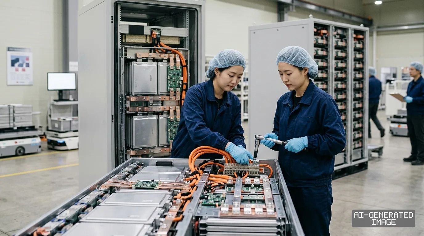 Workers assemble battery modules for data center backup power systems inside a manufacturing facility. (AI-generated image)