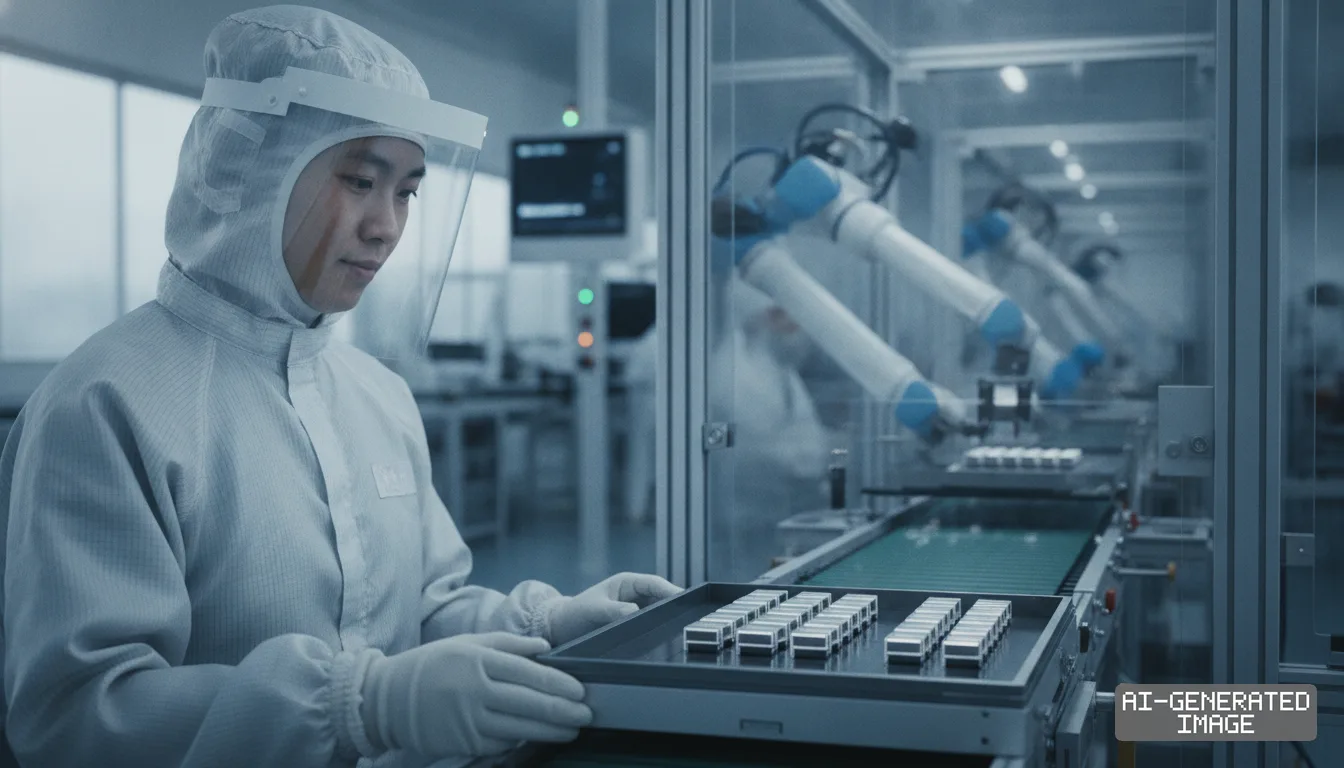 A worker in protective cleanroom gear holds a tray of battery cells beside robotic arms along an automated assembly line. (AI-generated image)