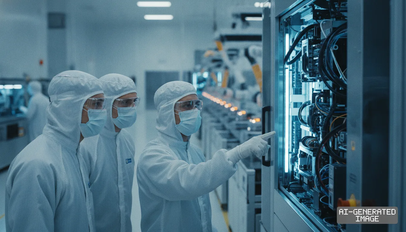 Technicians wearing protective cleanroom suits inspect equipment inside an advanced semiconductor manufacturing facility. (AI-generated image)