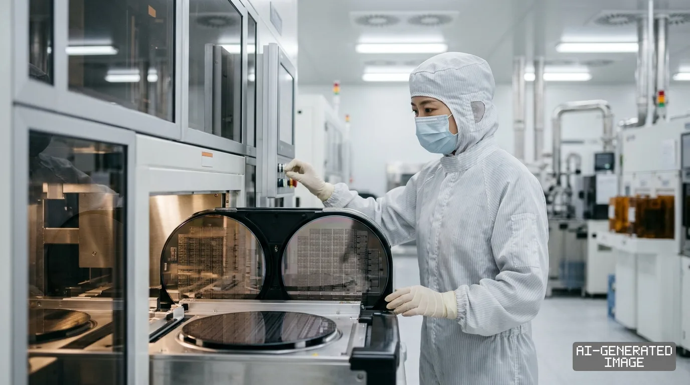A worker in cleanroom attire operates machinery processing silicon wafers inside a semiconductor manufacturing facility. (AI-generated image)