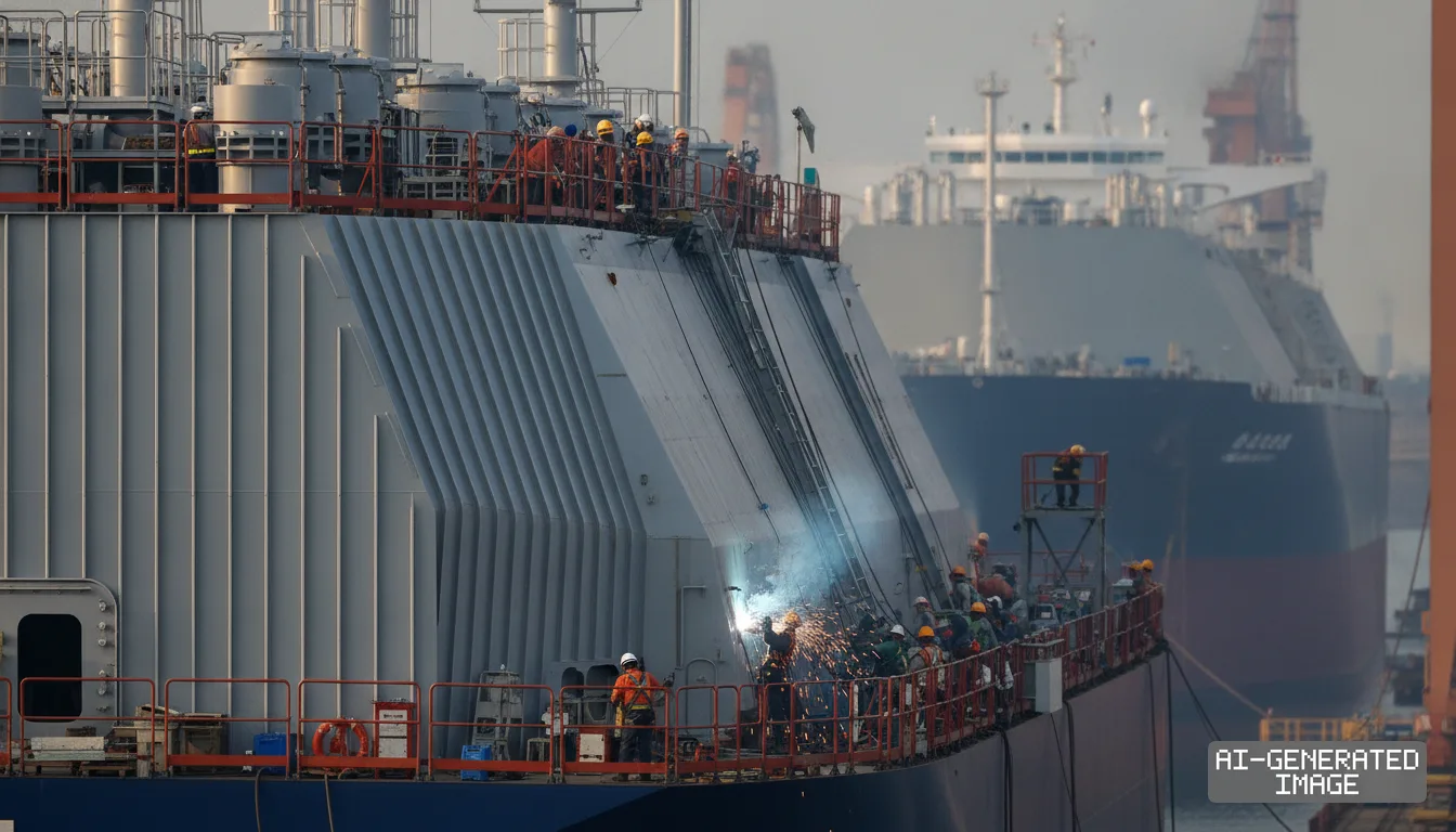 Shipyard workers weld on a liquefied natural gas carrier as construction proceeds on high-margin vessels. (AI-generated image)