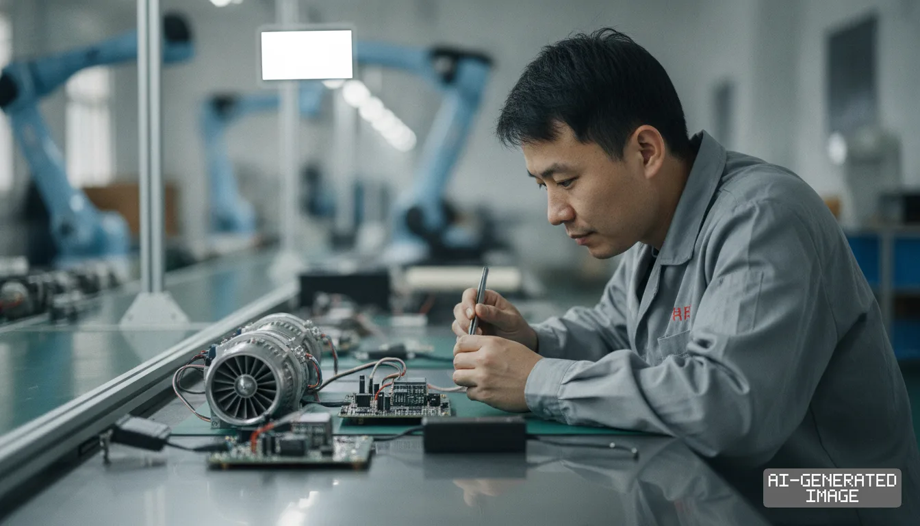 A technician works on a miniature turbine engine and electronic circuit board inside an automated manufacturing facility. (AI-generated image)