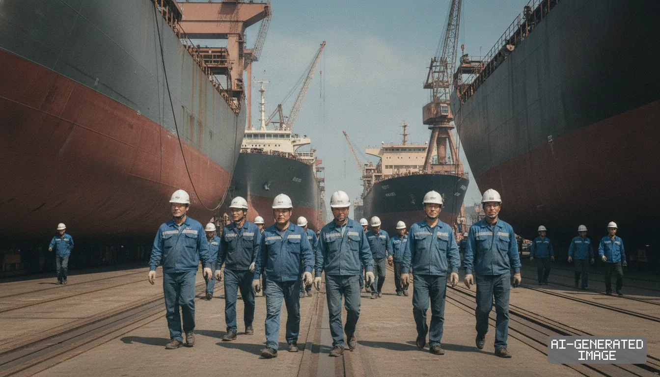 Shipyard workers wearing hard hats and blue uniforms walk between large vessels at the Ulsan shipyard. (AI-generated image)